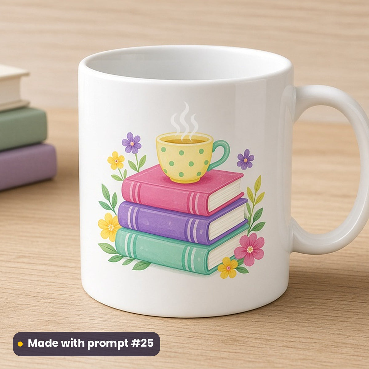 World Book and Copyright Day artwork printed on a UV-printed ceramic mug: stack of books with a cup of tea, folk art style, made with prompt #25 from this pack
