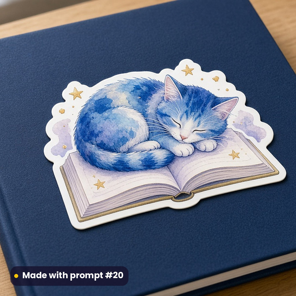 World Book and Copyright Day artwork printed on a die-cut vinyl sticker: cat asleep on an open book, whimsical storybook style, made with prompt #20 from this pack