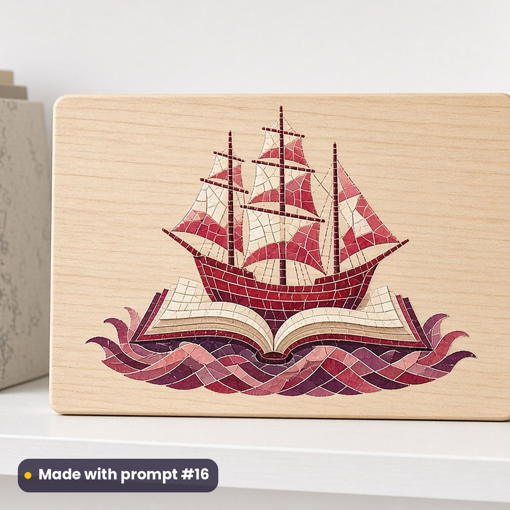 World Book and Copyright Day artwork printed on a UV-printed wooden plaque: ship sailing out of a book on paper waves, mosaic jewel style, made with prompt #16 from this pack