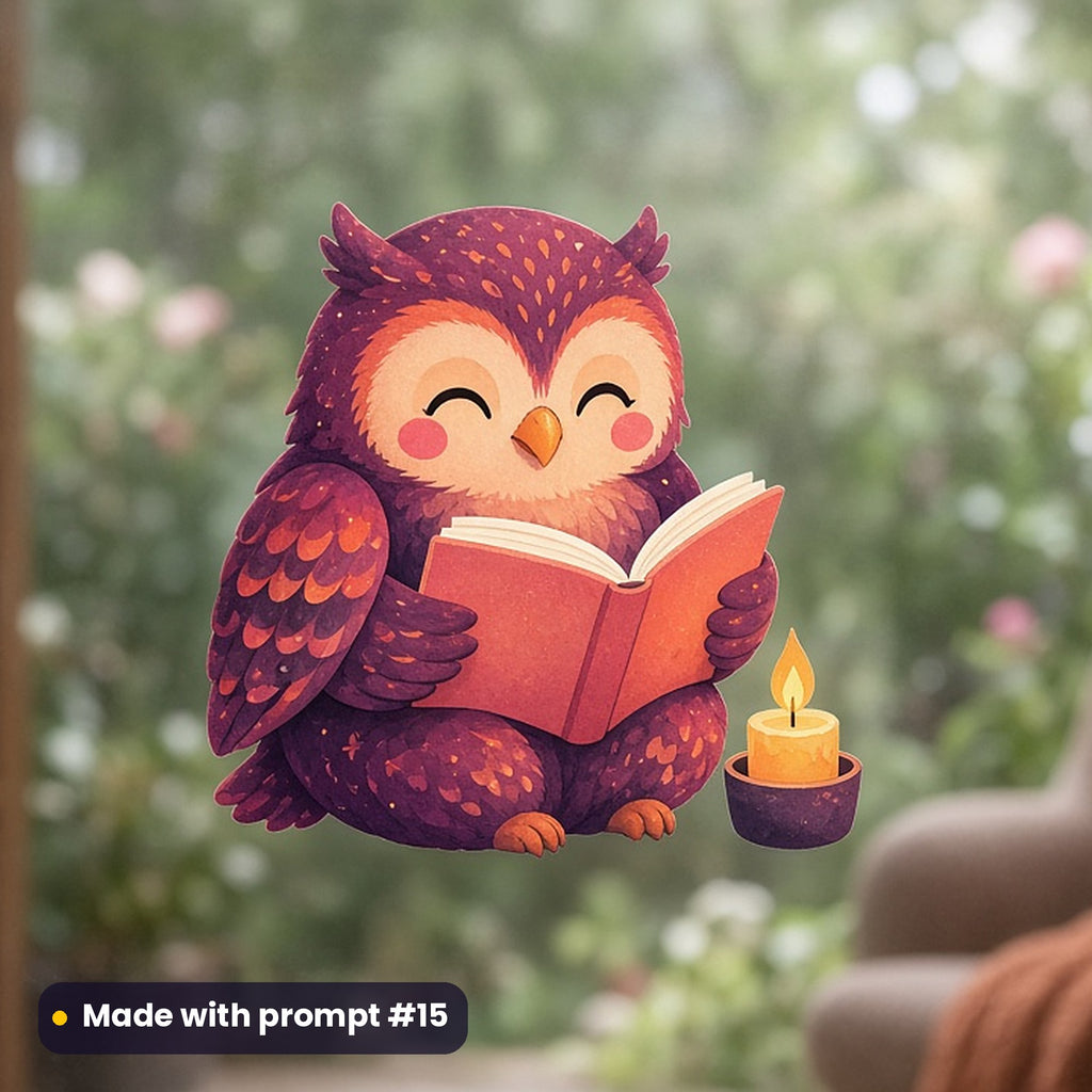 World Book and Copyright Day artwork printed on a UV DTF decal on glass: owl reading by candlelight, cute kawaii style, made with prompt #15 from this pack