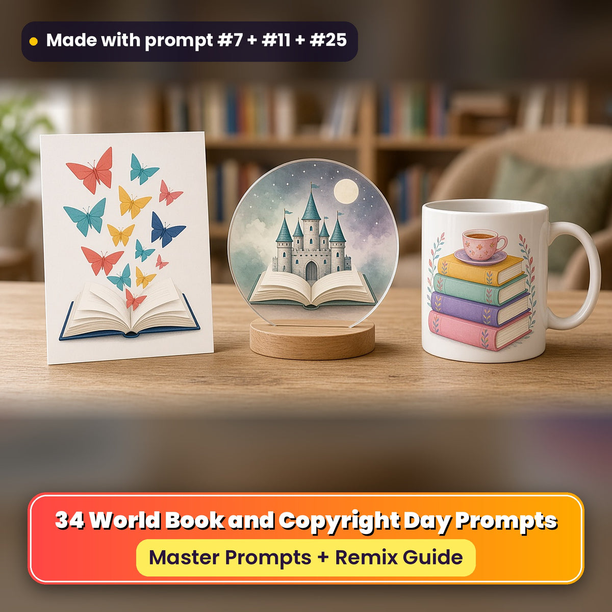 World Book and Copyright Day prompt pack: 34 master prompts + Remix Guide, with a UV-printed greeting card, acrylic ornament and mug set made with prompts #7, #11 and #25