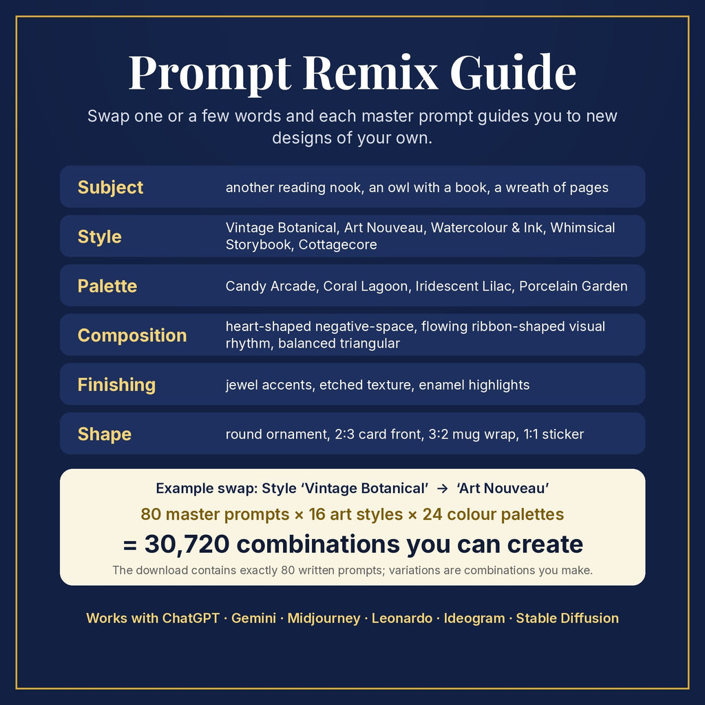 Prompt Remix Guide: swap subject, style, palette, composition, finishing and shape; 80 master prompts × 16 styles × 24 palettes = 30,720 combinations you can create