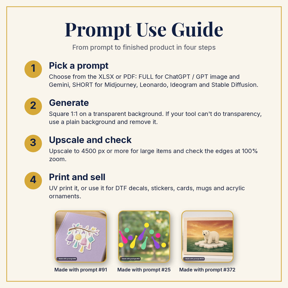 Prompt Use Guide: pick a prompt, generate, upscale and check, then print and sell, with example products made with prompts #91, #25 and #372