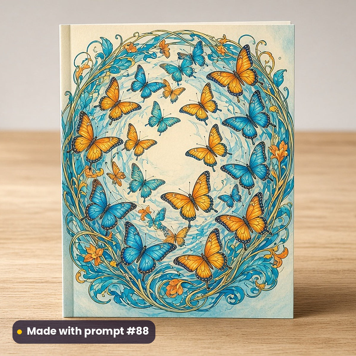 World Autism Awareness Day artwork printed on a flat-printed greeting card: ring of different butterflies flying together, art nouveau style, made with prompt #88 from this pack
