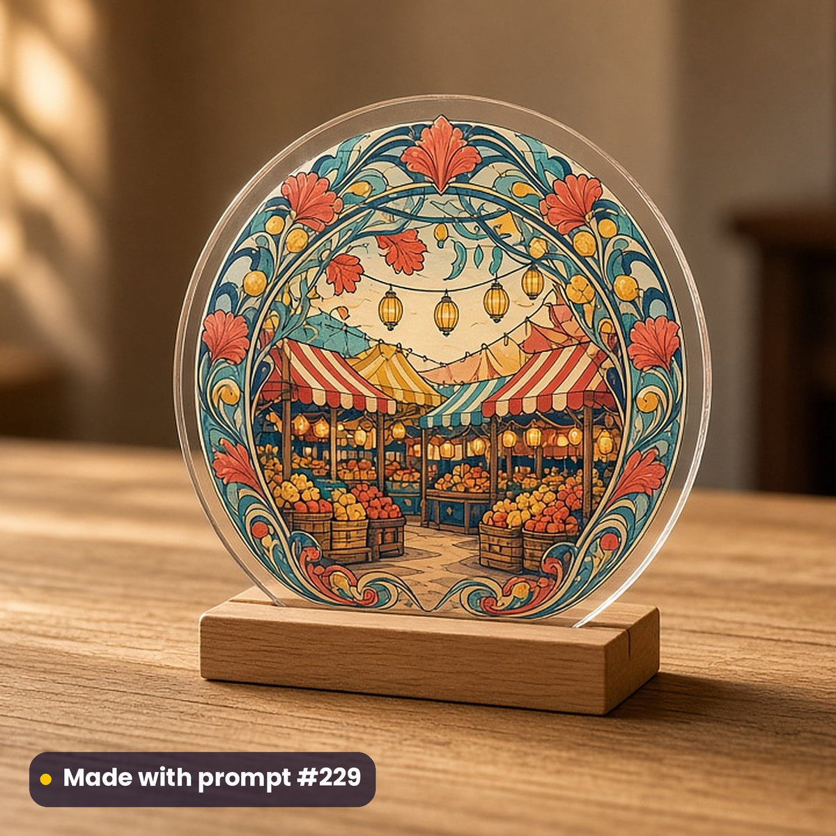 Vaisakhi artwork printed on a UV-printed clear acrylic ornament: festive fair stalls with lanterns, art nouveau style, made with prompt #229 from this pack