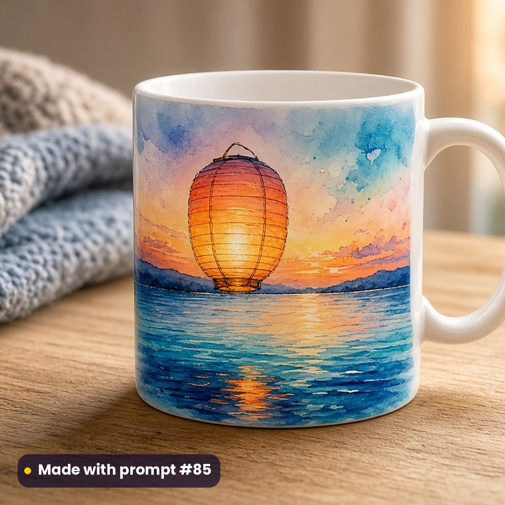 World Autism Awareness Day artwork printed on a UV-printed ceramic mug: lantern glowing in many colours on a calm evening, watercolour & ink style, made with prompt #85 from this pack