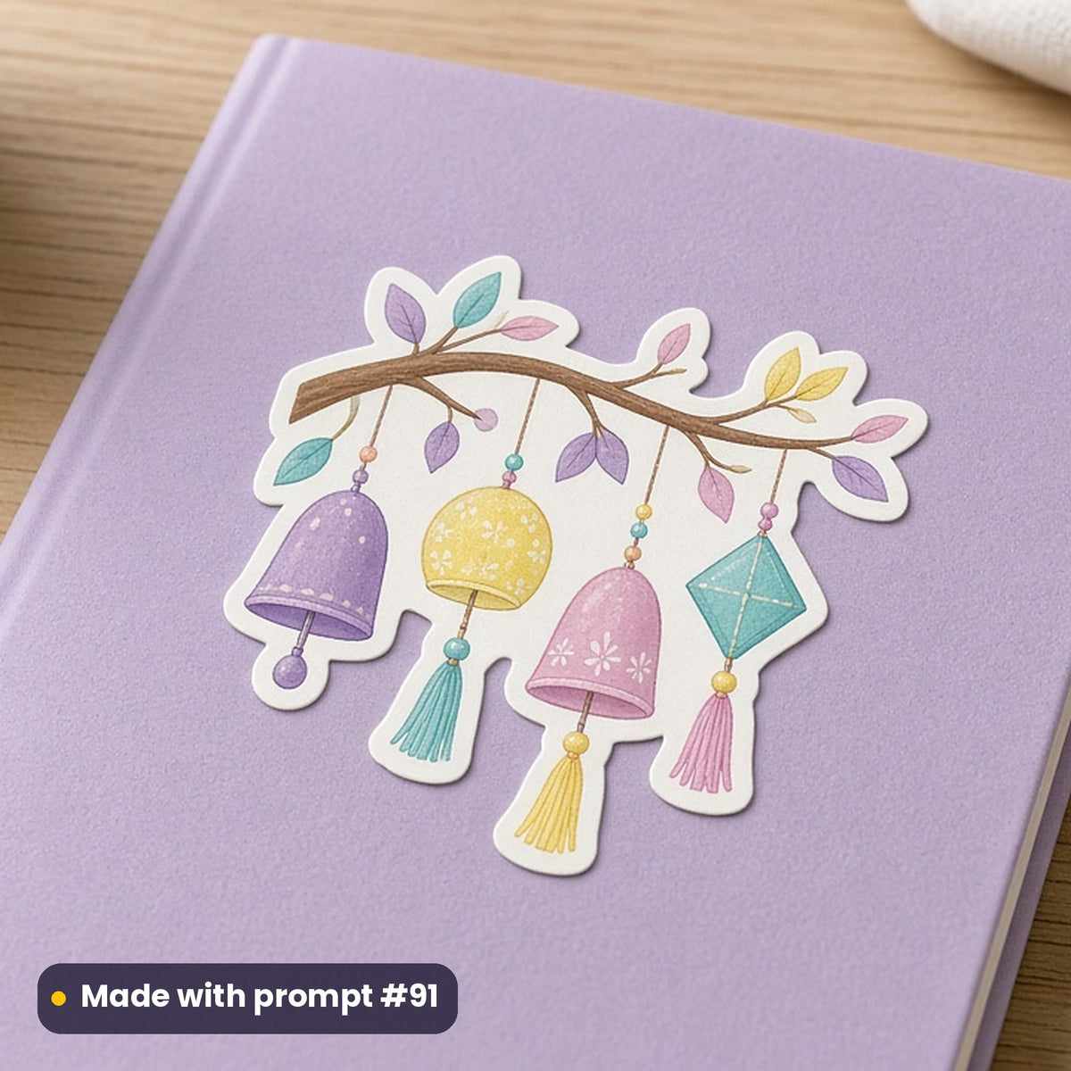 World Autism Awareness Day artwork printed on a die-cut vinyl sticker: wind chimes in soft pastel colours, folk art style, made with prompt #91 from this pack