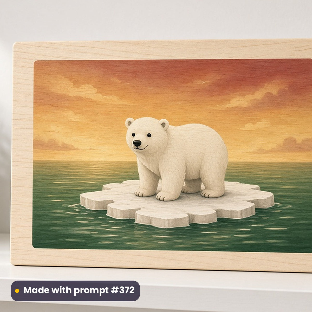 Earth Day artwork printed on a UV-printed wooden plaque: polar bear on drifting ice, whimsical storybook style, made with prompt #372 from this pack