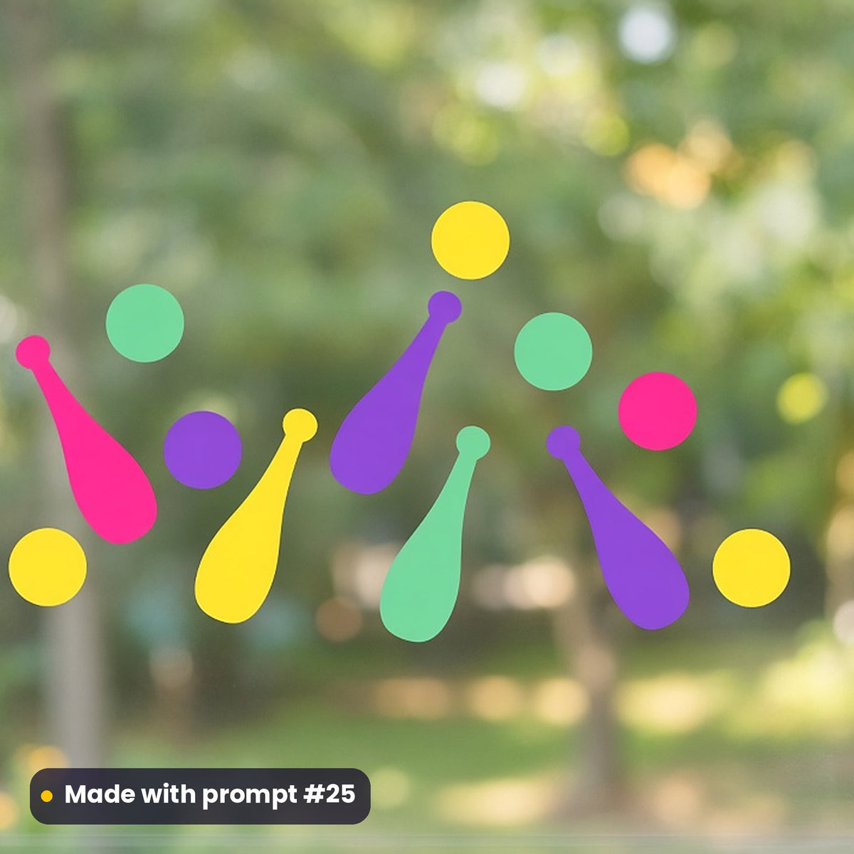 April Fools' Day artwork printed on a UV DTF decal on glass: juggling pins and balls in mid-air, minimal bold graphic style, made with prompt #25 from this pack