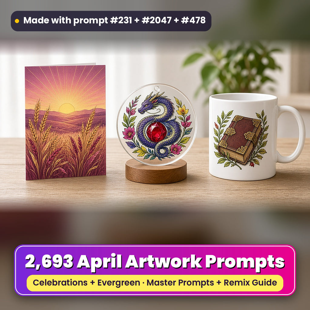 Complete April prompt library: 2,693 master prompts + Remix Guide, with a UV-printed greeting card, acrylic ornament and mug set made with prompts #231, #2047 and #478