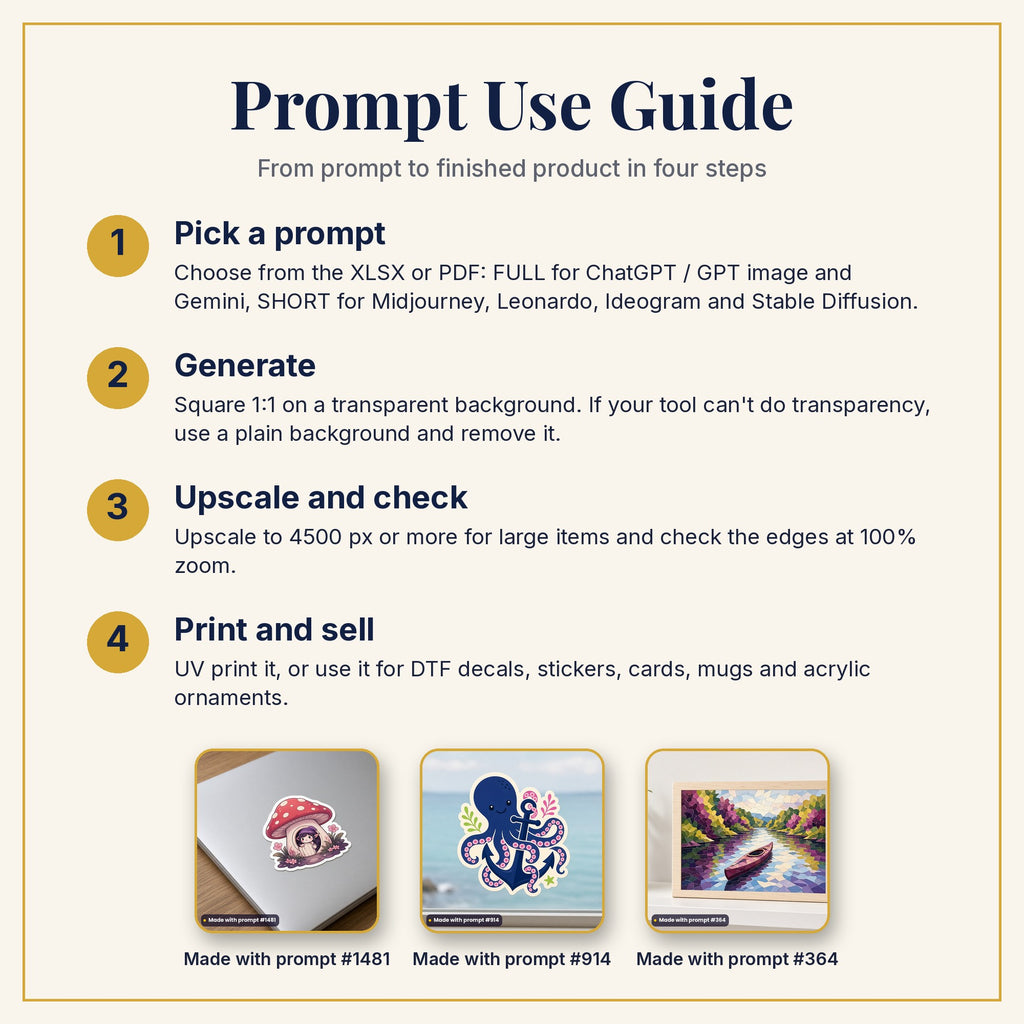 Prompt Use Guide: pick a prompt, generate, upscale and check, then print and sell, with example products made with prompts #1481, #914 and #364