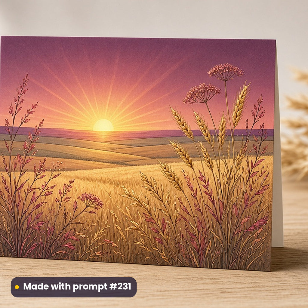 Vaisakhi artwork printed on a flat-printed greeting card: sunrise over the plains at harvest time, elegant line & floral style, made with prompt #231 from this pack