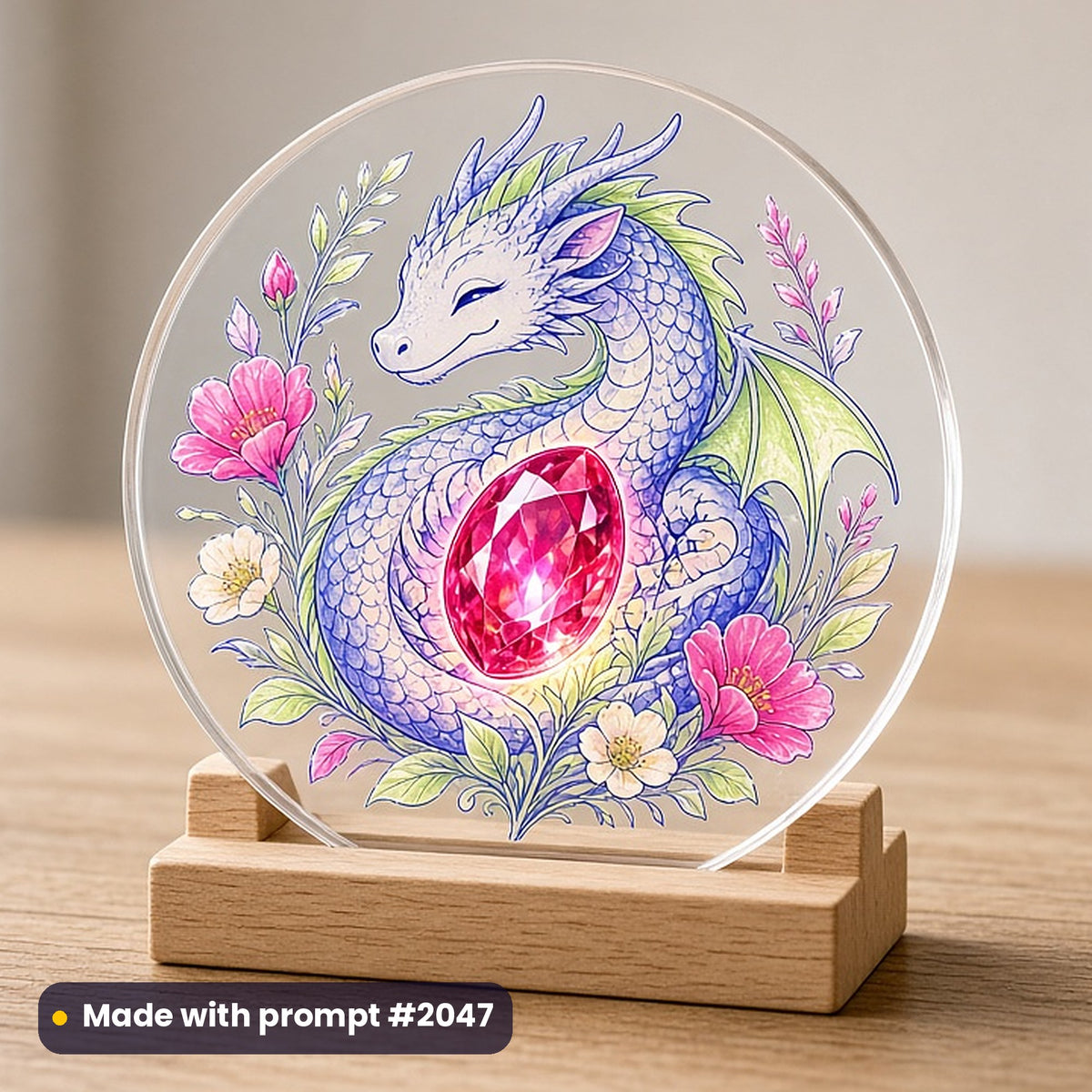 Myth & Fairytale artwork printed on a UV-printed clear acrylic ornament: dragon guarding a ruby, elegant line & floral style, made with prompt #2047 from this pack