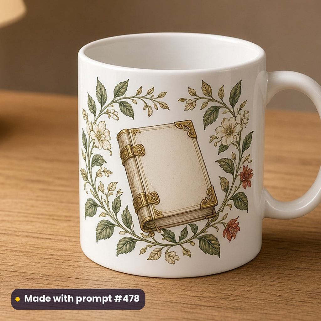 World Book and Copyright Day artwork printed on a UV-printed ceramic mug: antique book with brass clasps, elegant line & floral style, made with prompt #478 from this pack