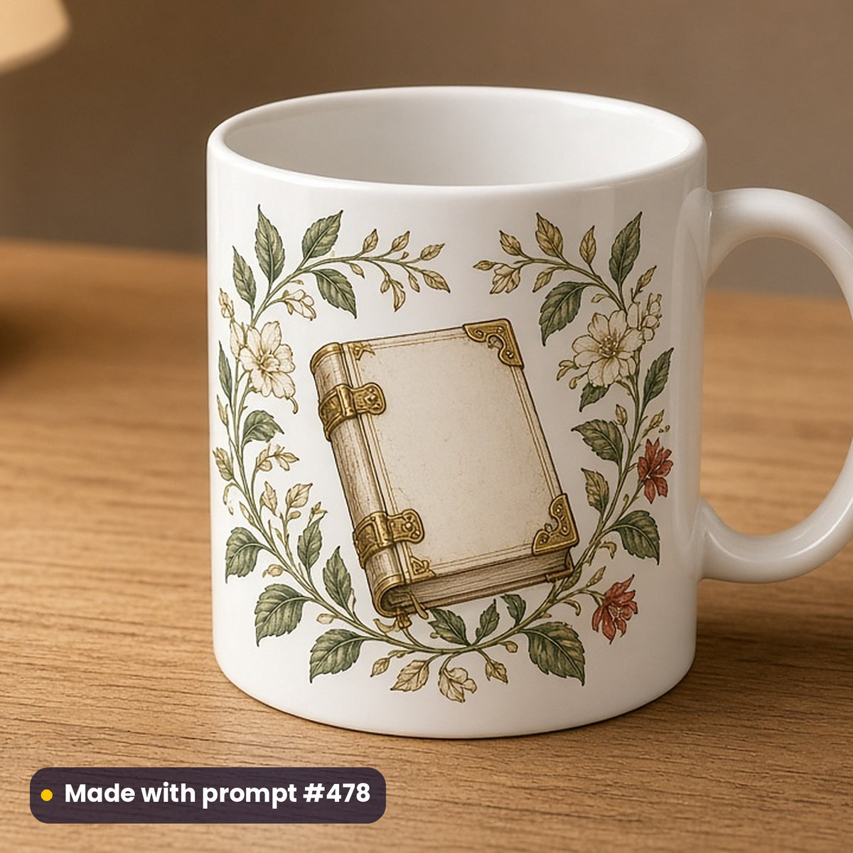 World Book and Copyright Day artwork printed on a UV-printed ceramic mug: antique book with brass clasps, elegant line & floral style, made with prompt #478 from this pack