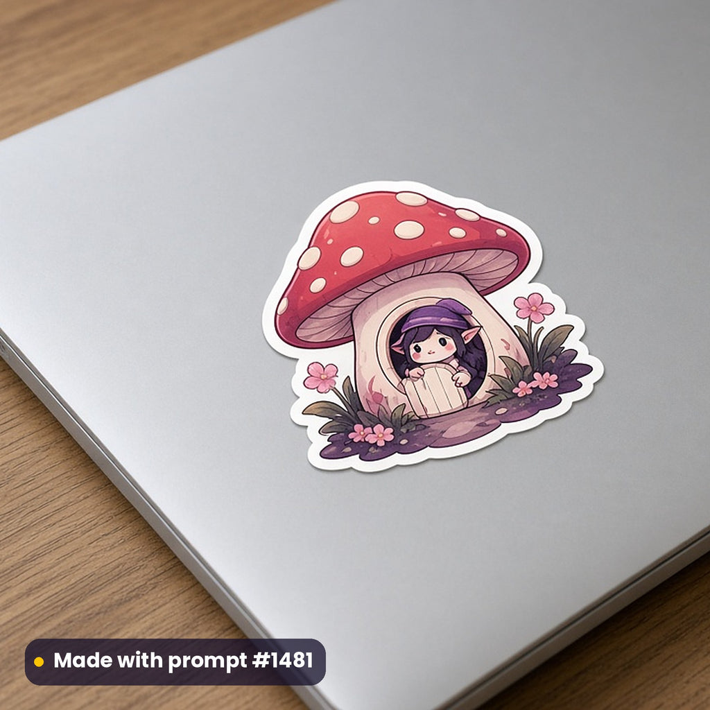 Fantasy Creatures artwork printed on a die-cut vinyl sticker: mushroom dwelling sprite, cute kawaii style, made with prompt #1481 from this pack