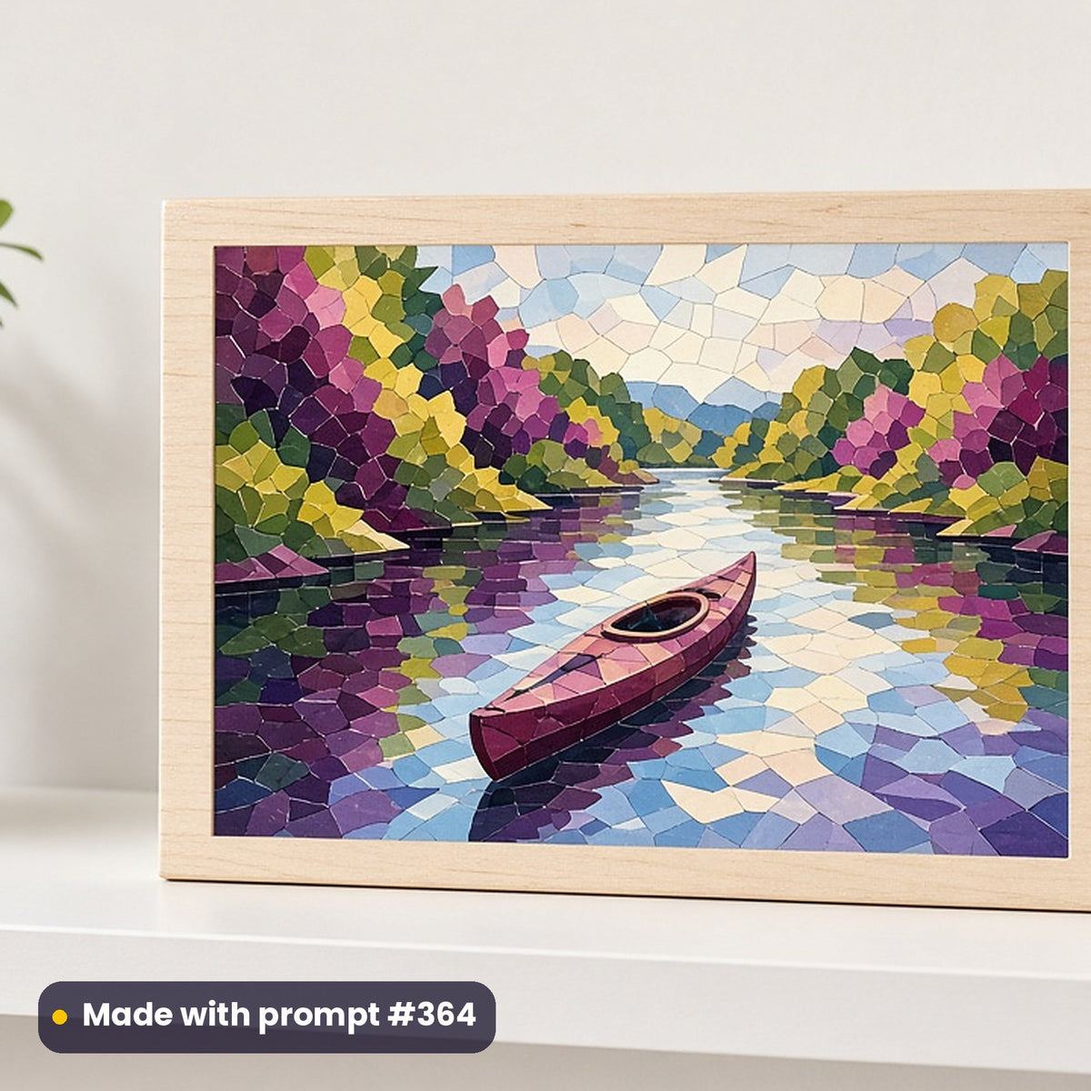 Earth Day artwork printed on a UV-printed wooden plaque: kayak on a clean river, mosaic jewel style, made with prompt #364 from this pack