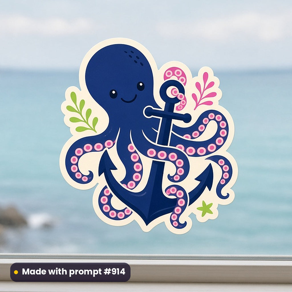 Travel & Coastal artwork printed on a UV DTF decal on glass: octopus wrapped around anchor, modern scandinavian style, made with prompt #914 from this pack