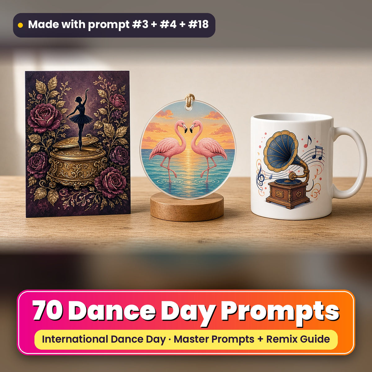 International Dance Day prompt pack: 70 master prompts + Remix Guide, with a UV-printed greeting card, acrylic ornament and mug set made with prompts #3, #4 and #18
