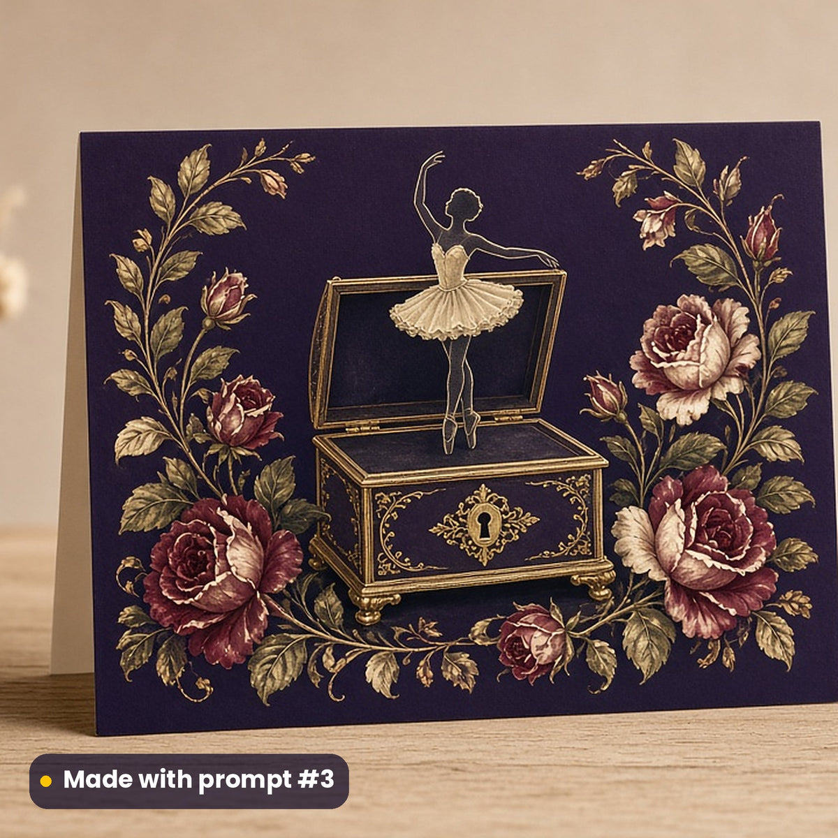 International Dance Day artwork printed on a flat-printed greeting card: music box ballerina, cottagecore style, made with prompt #3 from this pack