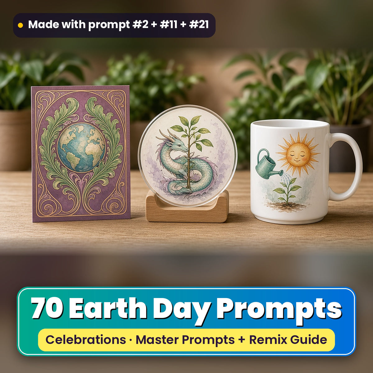 Earth Day prompt pack: 70 master prompts + Remix Guide, with a UV-printed greeting card, acrylic ornament and mug set made with prompts #2, #11 and #21