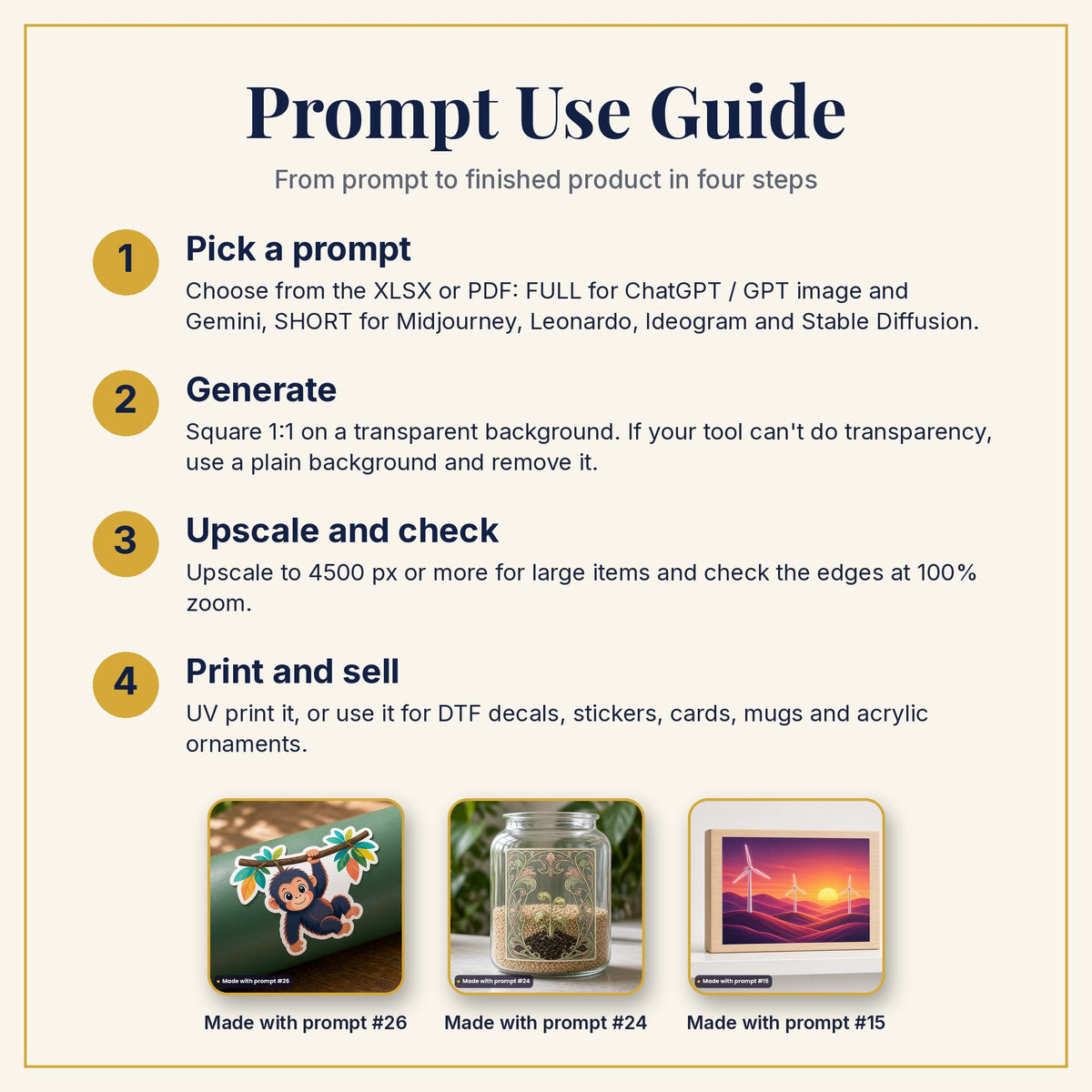 Prompt Use Guide: pick a prompt, generate, upscale and check, then print and sell, with example products made with prompts #26, #24 and #15