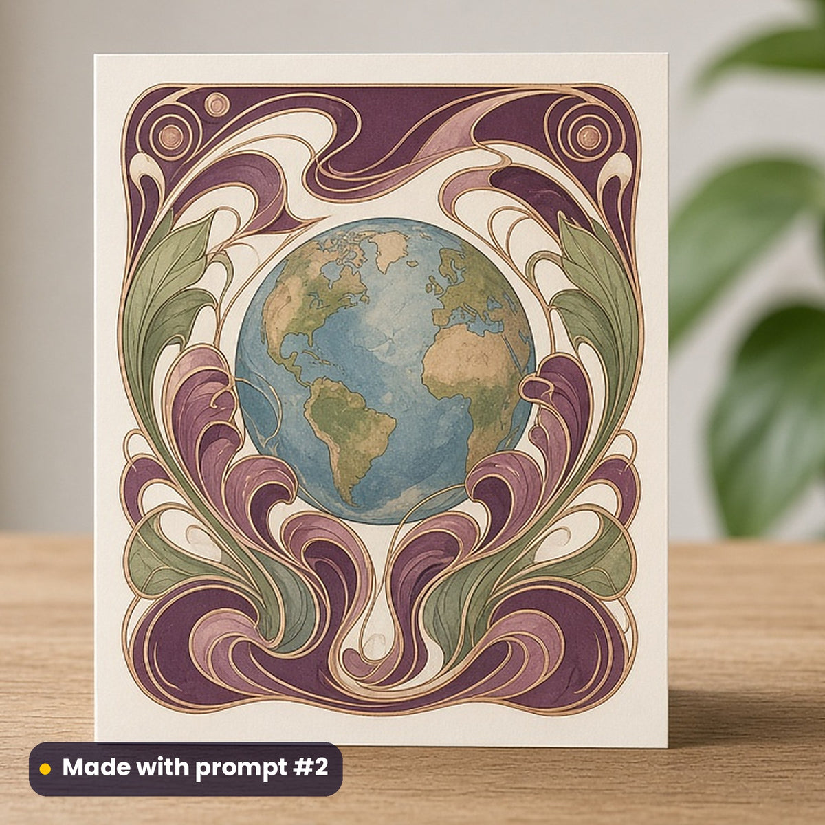 Earth Day artwork printed on a flat-printed greeting card: planet Earth cradled by green leaves, art nouveau style, made with prompt #2 from this pack