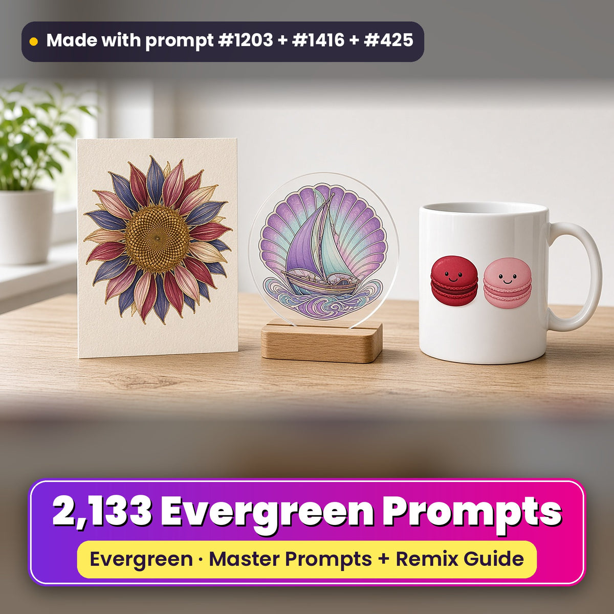 April Evergreen prompt library: 2,133 master prompts + Remix Guide, with a UV-printed greeting card, acrylic ornament and mug set made with prompts #1203, #1416 and #425