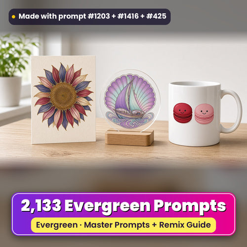 April Evergreen prompt library: 2,133 master prompts + Remix Guide, with a UV-printed greeting card, acrylic ornament and mug set made with prompts #1203, #1416 and #425