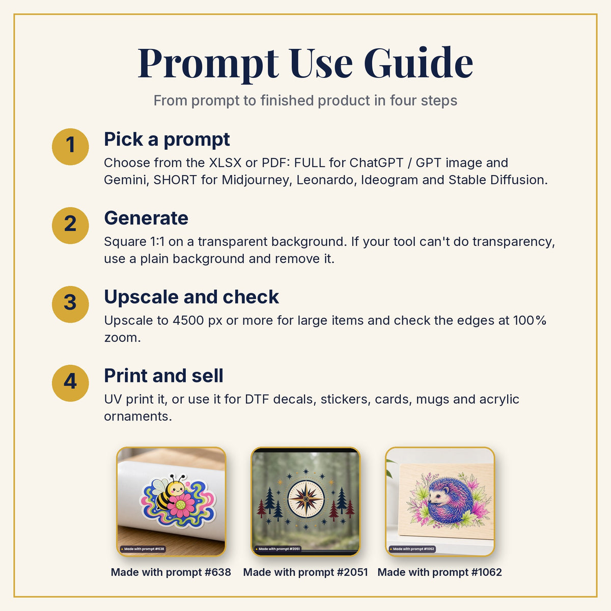 Prompt Use Guide: pick a prompt, generate, upscale and check, then print and sell, with example products made with prompts #638, #2051 and #1062