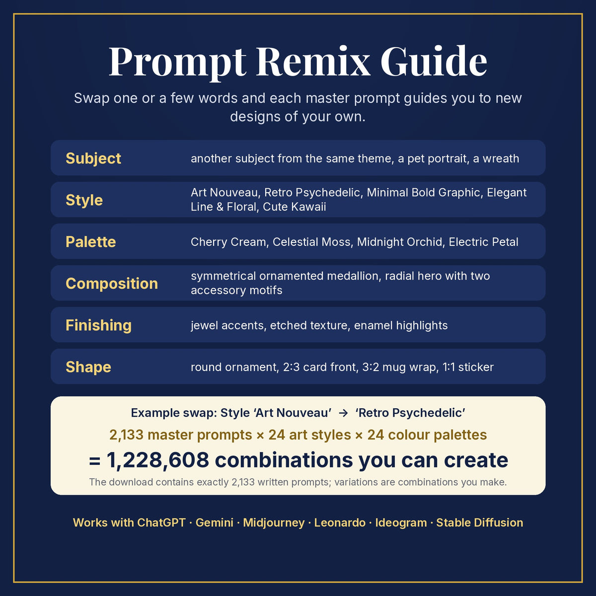 Prompt Remix Guide: swap subject, style, palette, composition, finishing and shape; 2,133 master prompts × 24 styles × 24 palettes = 1,228,608 combinations you can create