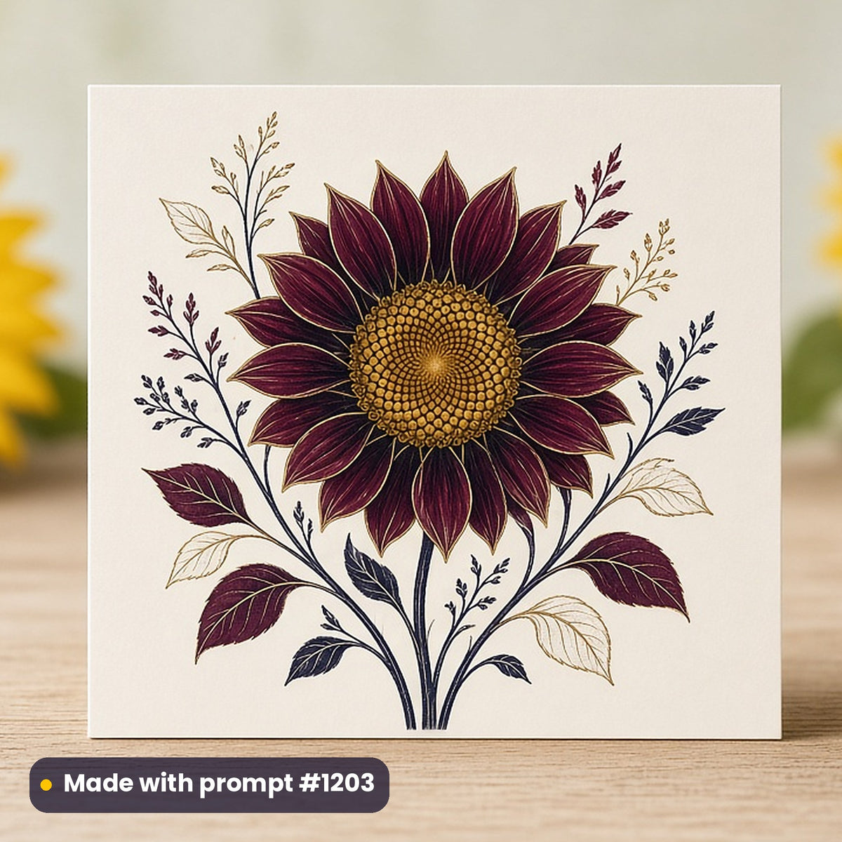 Botanical Illustration artwork printed on a flat-printed greeting card: sunflower spiral, elegant line & floral style, made with prompt #1203 from this pack