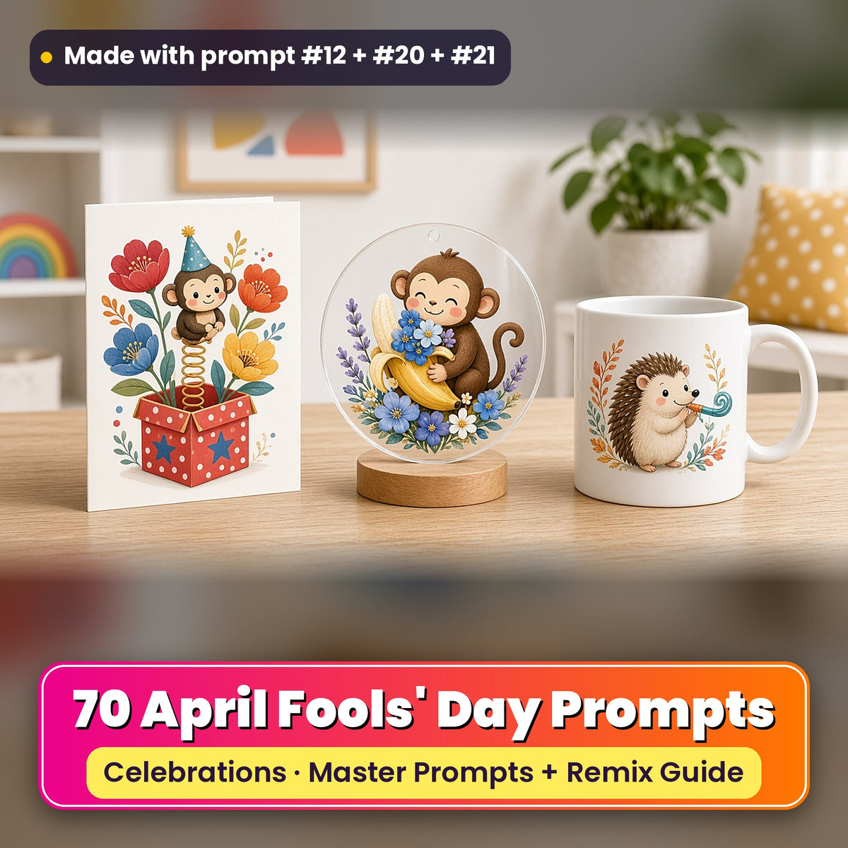 April Fools' Day prompt pack: 70 master prompts + Remix Guide, with a UV-printed greeting card, acrylic ornament and mug set made with prompts #12, #20 and #21