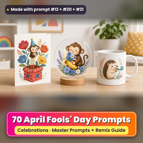 April Fools' Day prompt pack: 70 master prompts + Remix Guide, with a UV-printed greeting card, acrylic ornament and mug set made with prompts #12, #20 and #21