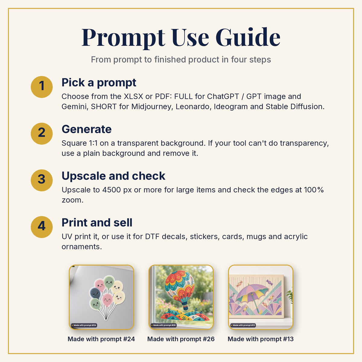 Prompt Use Guide: pick a prompt, generate, upscale and check, then print and sell, with example products made with prompts #24, #26 and #13