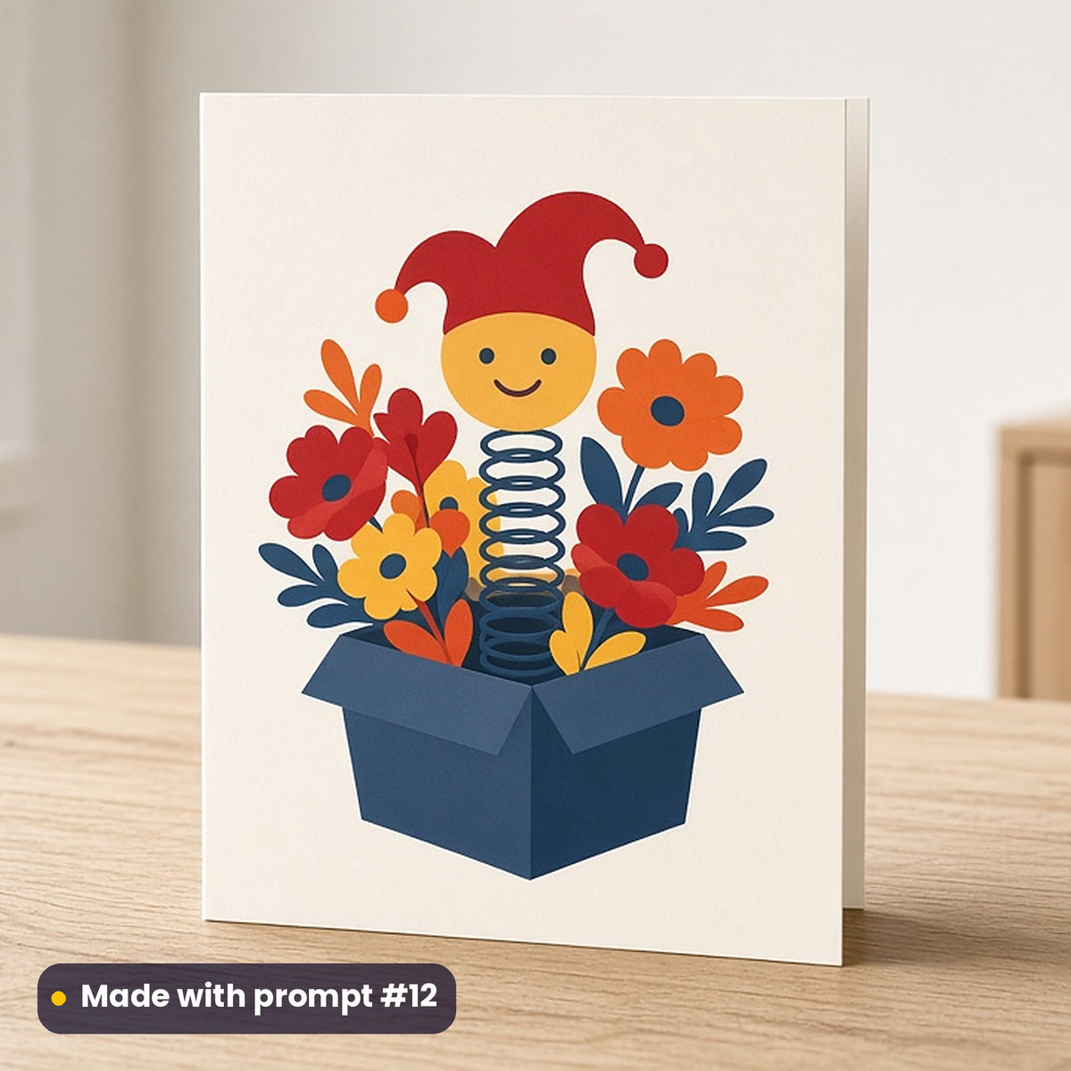 April Fools' Day artwork printed on a flat-printed greeting card: jack-in-the-box springing out a bunch of paper flowers, modern scandinavian style, made with prompt #12 from this pack