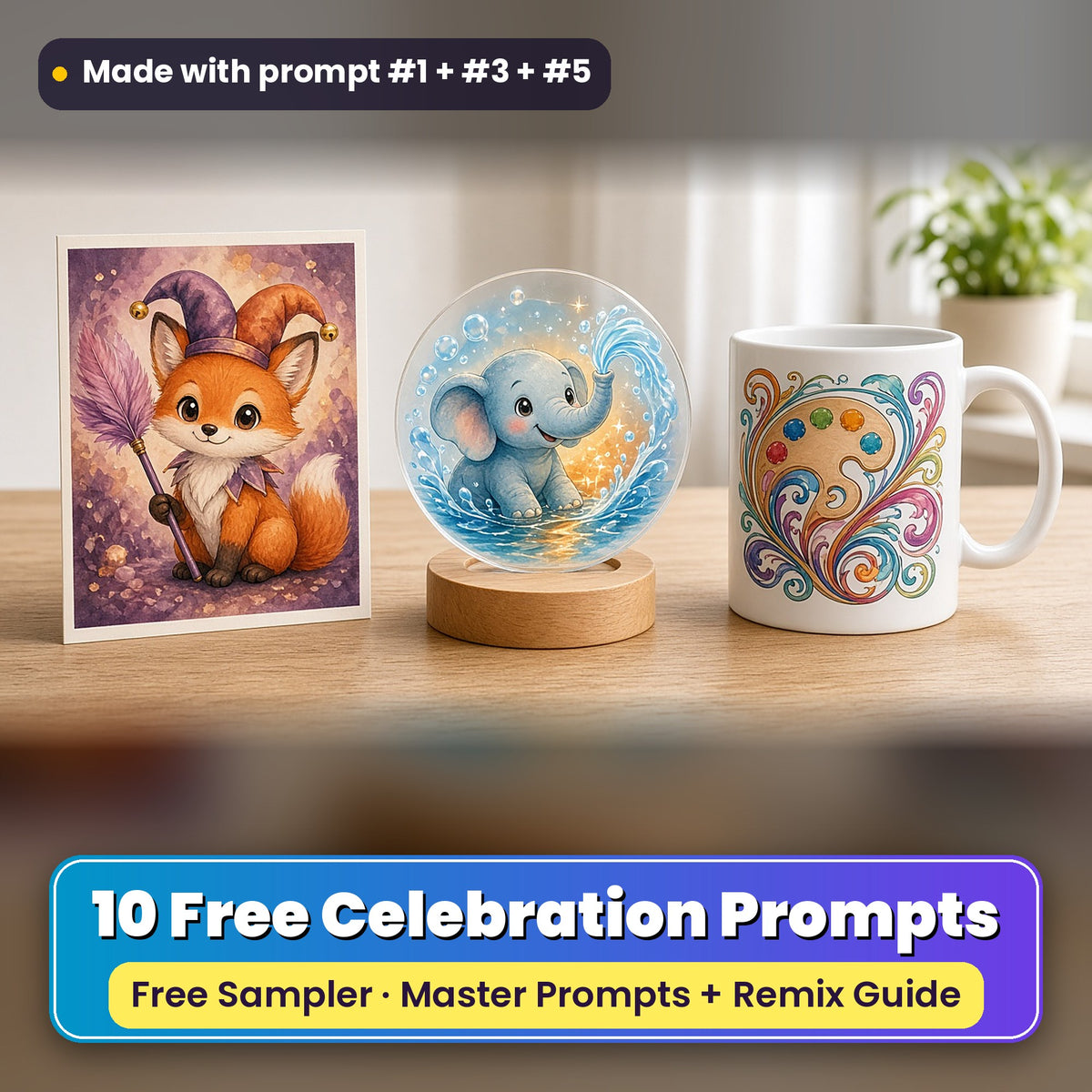Worldwide Celebrations Free Prompt Sampler prompt pack: 10 master prompts + Remix Guide, with a UV-printed greeting card, acrylic ornament and mug set made with prompts #1, #3 and #5
