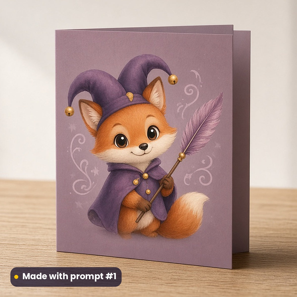 April Fools' Day artwork printed on a flat-printed greeting card: fox in a jester hat holding a feather tickler, cute kawaii style, made with prompt #1 from this pack