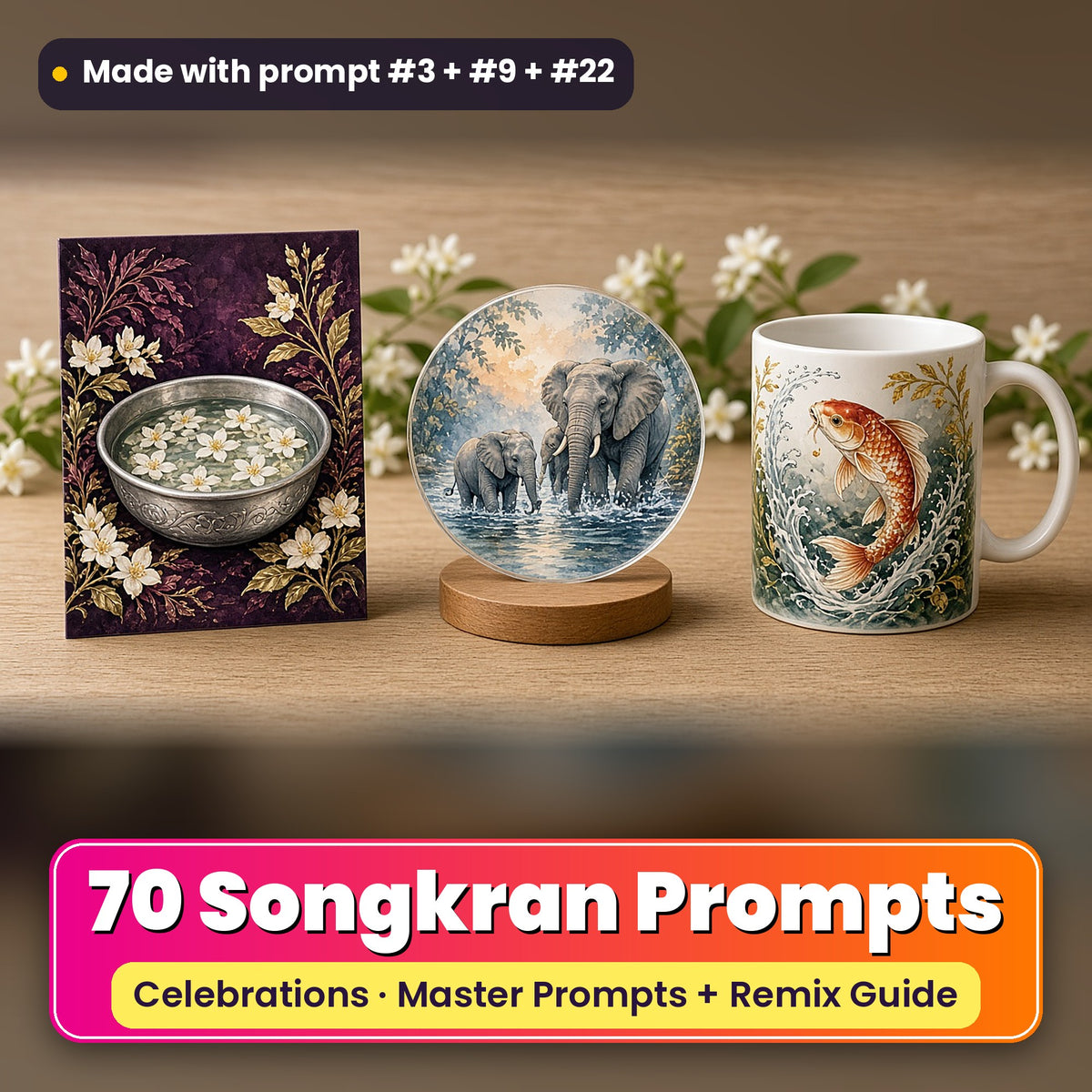 Songkran prompt pack: 70 master prompts + Remix Guide, with a UV-printed greeting card, acrylic ornament and mug set made with prompts #3, #9 and #22