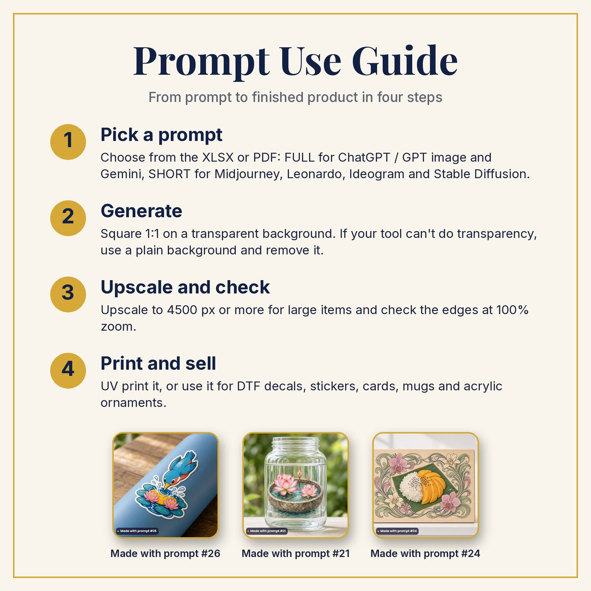 Prompt Use Guide: pick a prompt, generate, upscale and check, then print and sell, with example products made with prompts #26, #21 and #24
