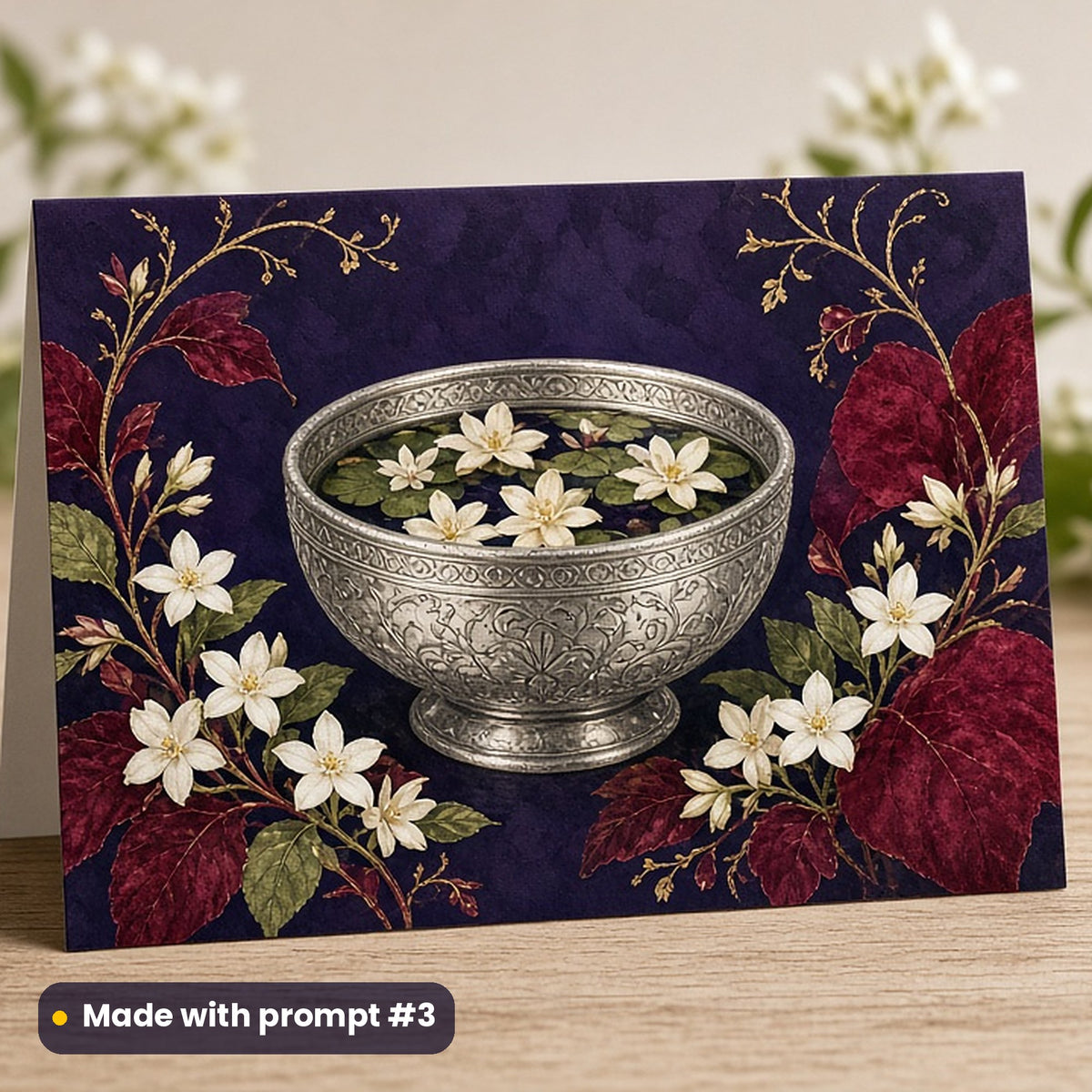 Songkran artwork printed on a flat-printed greeting card: ornate silver water bowl with floating jasmine flowers, cottagecore style, made with prompt #3 from this pack
