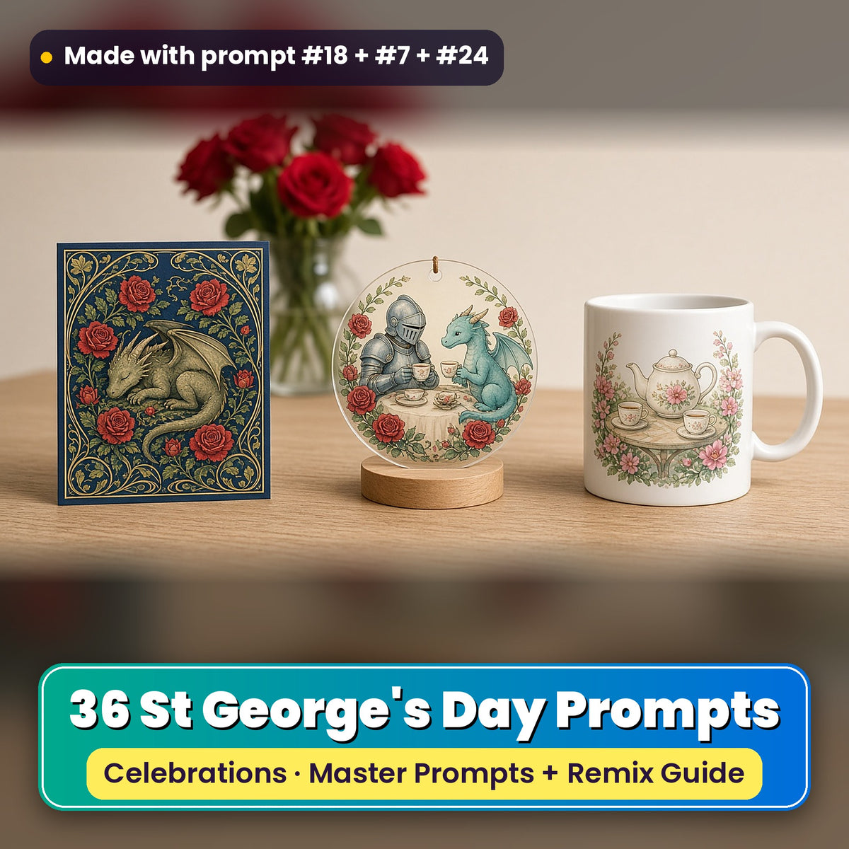 St George's Day prompt pack: 36 master prompts + Remix Guide, with a UV-printed greeting card, acrylic ornament and mug set made with prompts #18, #7 and #24