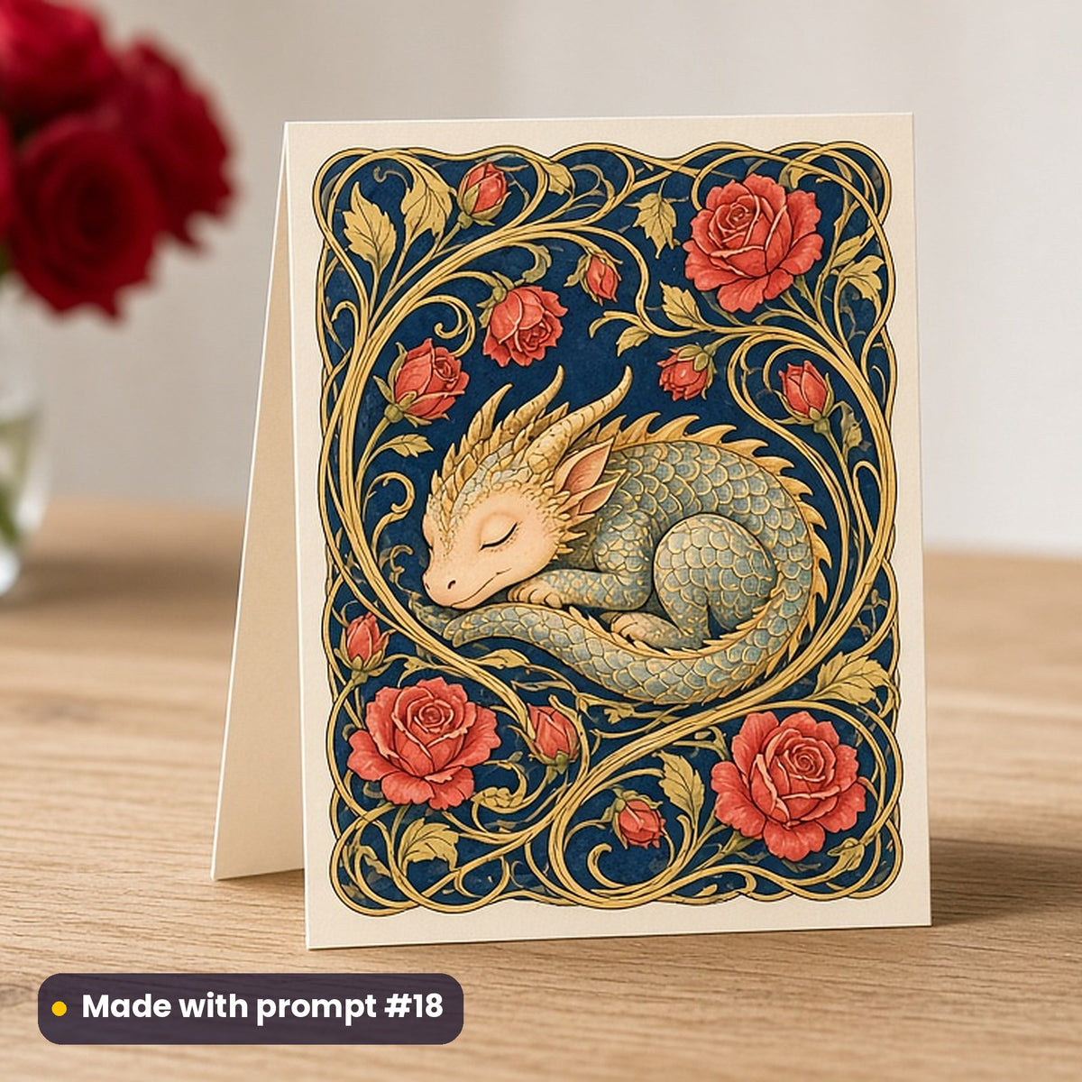 St George's Day artwork printed on a flat-printed greeting card: baby dragon curled in a rose bush, art nouveau style, made with prompt #18 from this pack