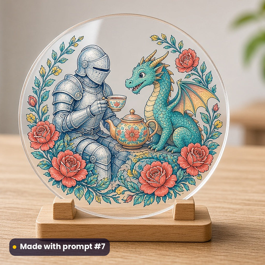 St George's Day artwork printed on a UV-printed clear acrylic ornament: faceless storybook knight sharing tea with a friendly dragon, elegant line & floral style, made with prompt #7 from this pack