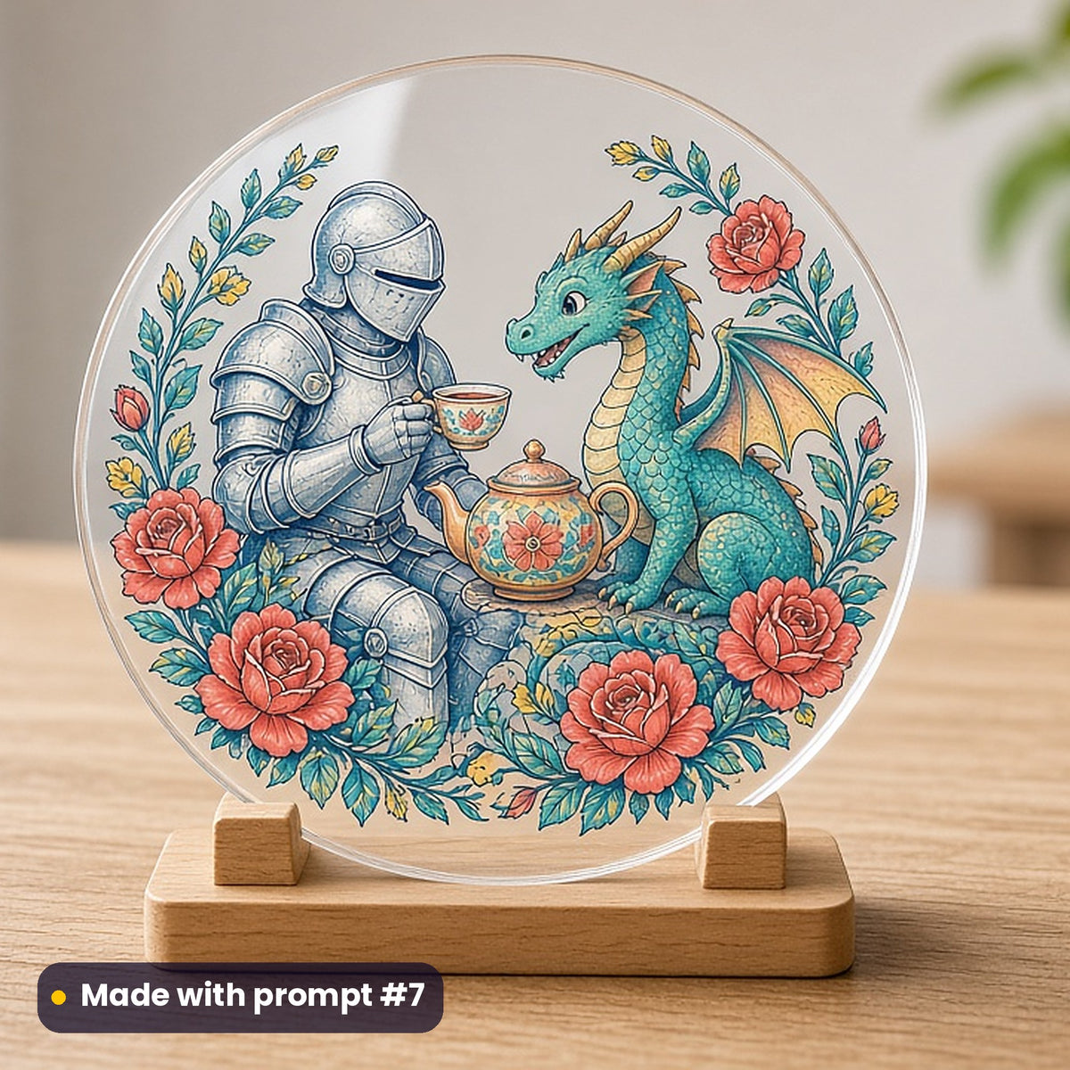 St George's Day artwork printed on a UV-printed clear acrylic ornament: faceless storybook knight sharing tea with a friendly dragon, elegant line & floral style, made with prompt #7 from this pack