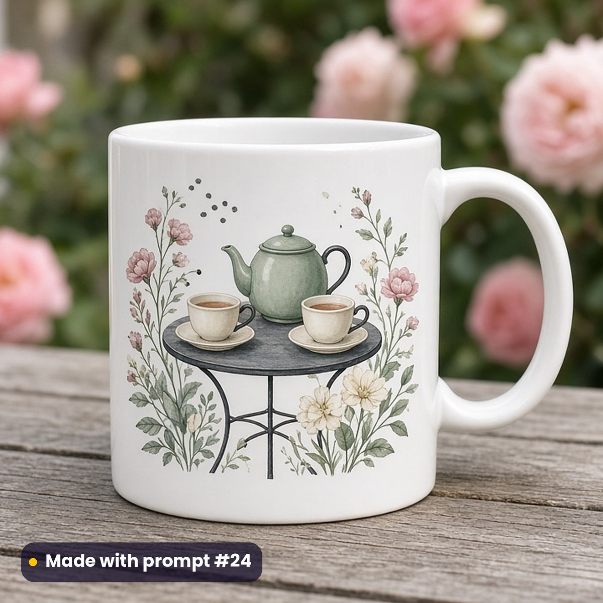 St George's Day artwork printed on a UV-printed ceramic mug: teapot and cups on a garden table, modern scandinavian style, made with prompt #24 from this pack