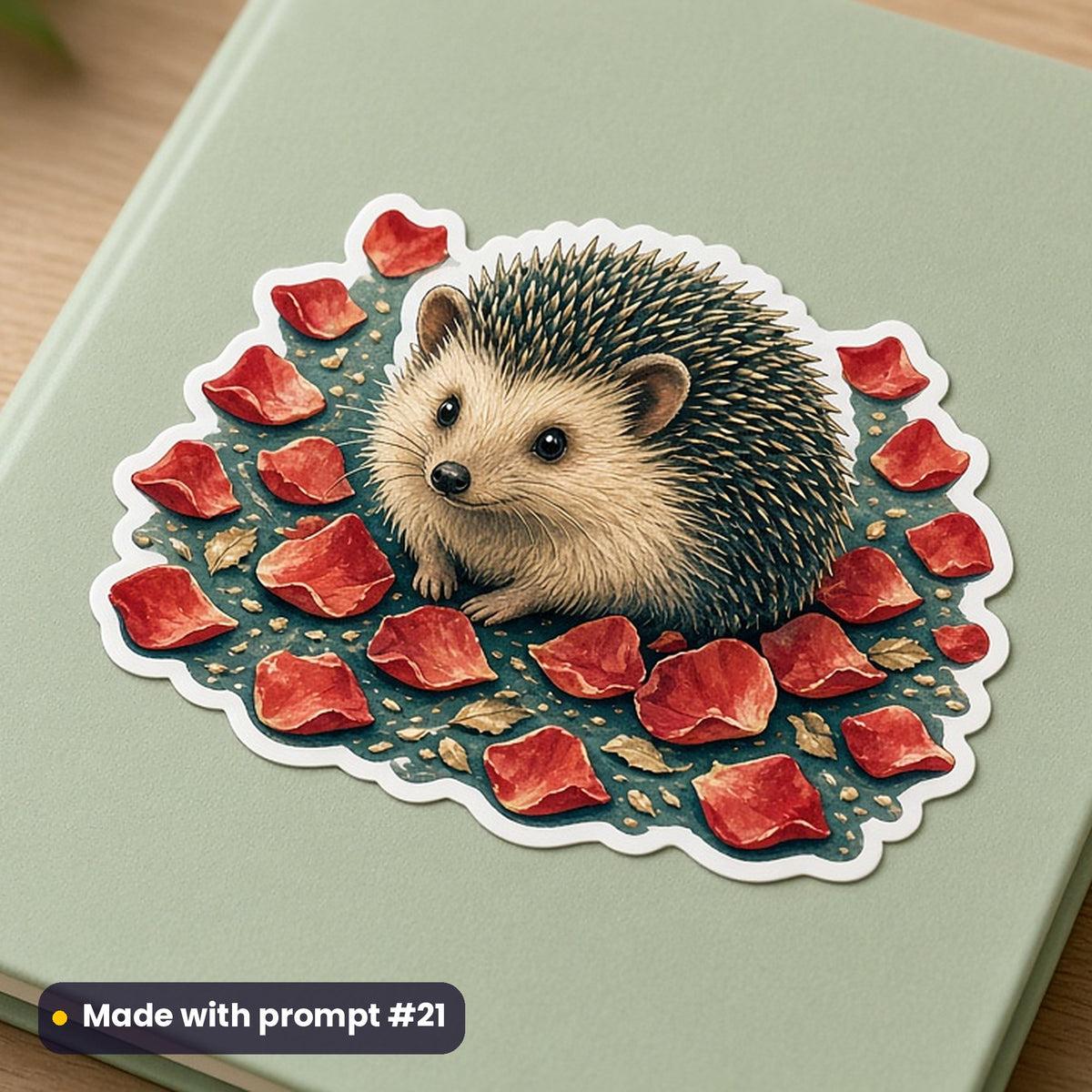 St George's Day artwork printed on a die-cut vinyl sticker: hedgehog among rose petals, whimsical storybook style, made with prompt #21 from this pack
