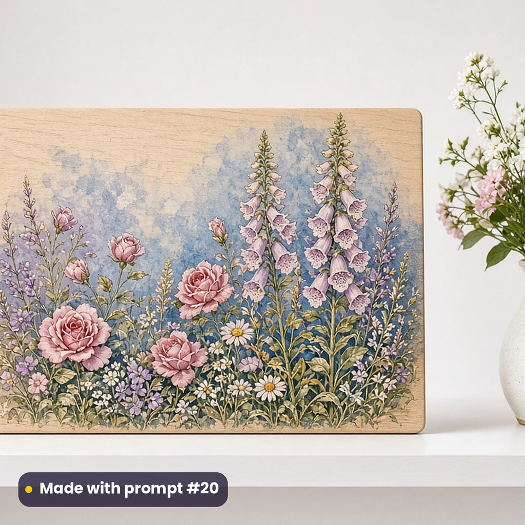 St George's Day artwork printed on a UV-printed wooden plaque: cottage garden of roses and foxgloves, vintage botanical style, made with prompt #20 from this pack