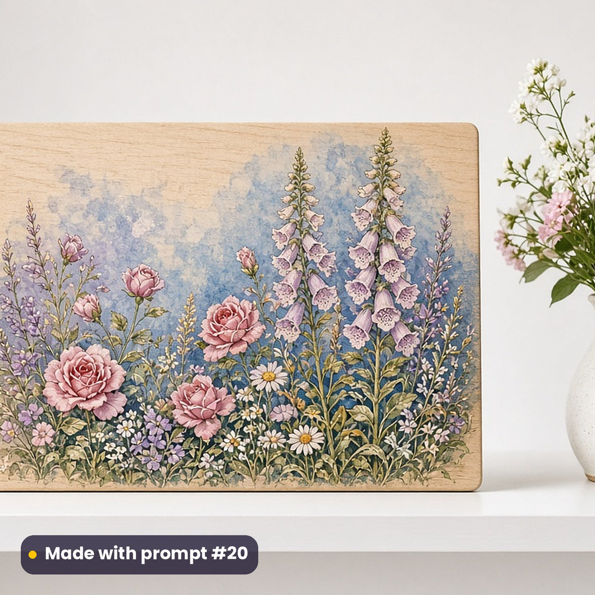St George's Day artwork printed on a UV-printed wooden plaque: cottage garden of roses and foxgloves, vintage botanical style, made with prompt #20 from this pack