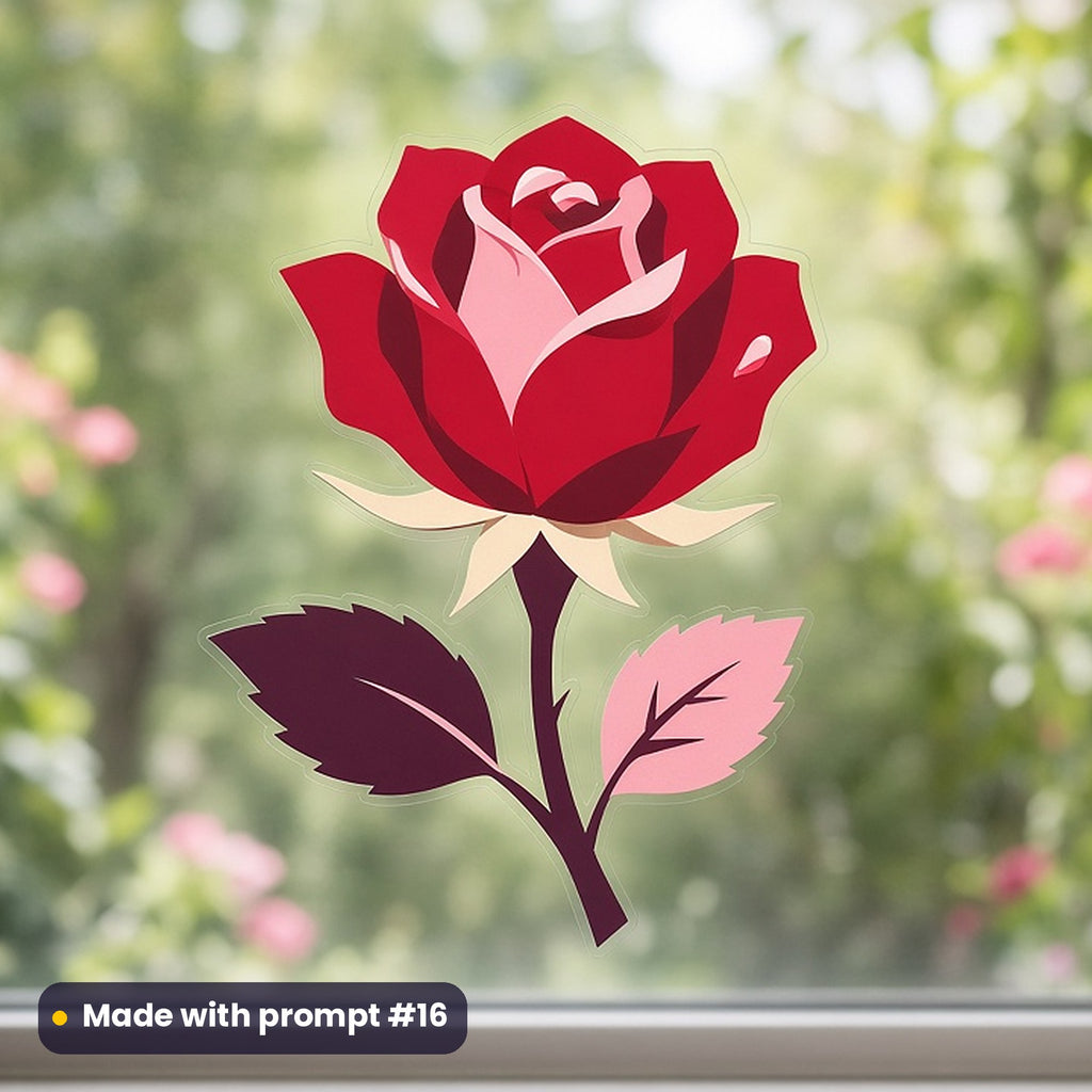St George's Day artwork printed on a UV DTF decal on glass: single red rose with dewdrops, minimal bold graphic style, made with prompt #16 from this pack